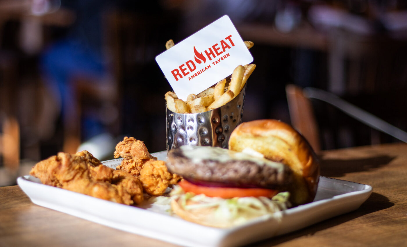 Red Heat American Tavern gift card with a burger, fries and chicken tenders